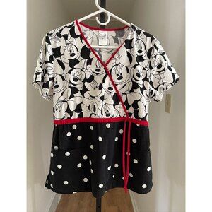 EUC Disney Women's Scrub Top Mickey & Minnie Mouse Print Black & White with Red